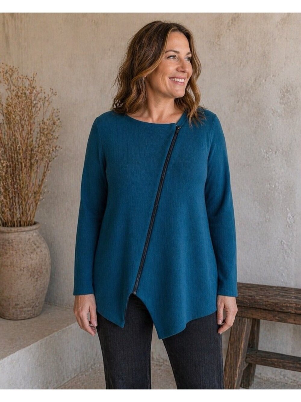 FH Clothing Co Womens Jacket Sz Large Dark Teal Asymmetric Lagenlook Boho Cotton